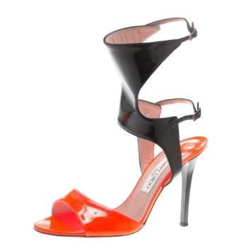 Pre Owned Jimmy Choo Orange And Black Patent Leather Loop Ankle Cuff Open Toe Sandals Size 38