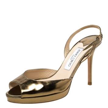 Pre Owned Jimmy Choo Gold Patent Leather Peep toe Slingback Sandals Size 38