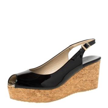 Pre Owned Jimmy Choo Black Patent Leather Praise Sling Back Wedge Sandals Size 38