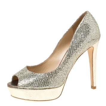 Pre Owned Jimmy Choo Gold Glitter Fabric Dahlia Platform Peep Toe Pumps Size 36
