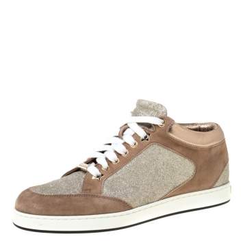 Pre Owned Jimmy Choo Beige Glitter And Suede Miami Lace Up Sneakers Size 35