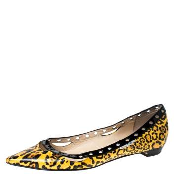 Pre Owned Jimmy Choo Yellow Leopard Print Leather Pointed Toe Flats Size 37.5