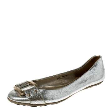 Pre Owned Jimmy Choo Metallic Silver Leather Ballet Flats Size 38.5