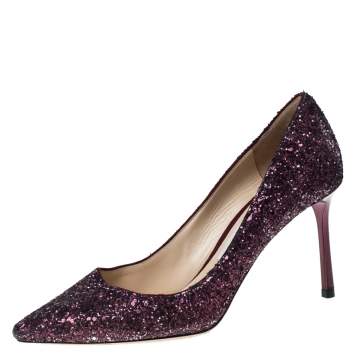 Pre Owned Jimmy Choo Purple Glitter Romy Pointed Toe Pumps Size 37.5