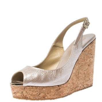 Pre Owned Jimmy Choo Beige Crackled Leather Cork Wedge Slingback Platform Sandals Size 42