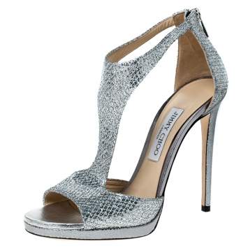 Pre Owned Jimmy Choo Silver Coarse Glitter Lana T Strap Peep Toe Sandals Size 39
