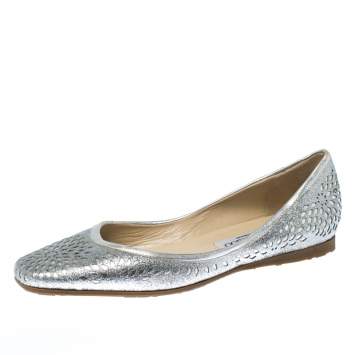 Pre Owned Jimmy Choo Metallic Silver Glitter Lazer Cut Leather Ballet Flats Size 39.5