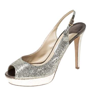Pre Owned Jimmy Choo Metallic Gold Glitter Verity Peep Toe Slingback Platform Sandals Size 41