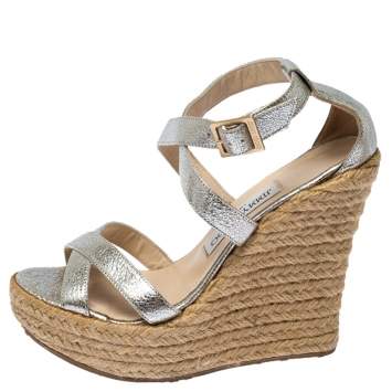 Pre Owned Jimmy Choo Silver Texture Patent Leather Porto Espadrille Wedge Sandals Size 37