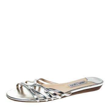 Pre Owned  Jimmy Choo Metallic Silver Leather Cut Out Flat Slides 41
