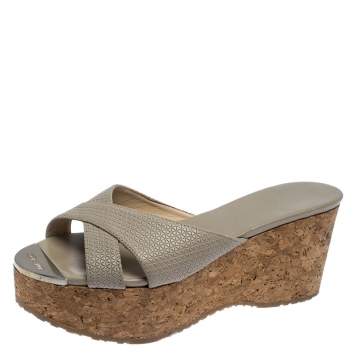 Pre Owned Jimmy Choo Grey Leather Prima Cork Wedge Slides Size 36.5