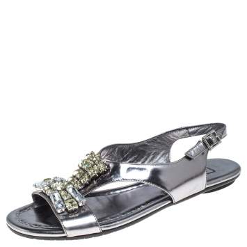 Pre Owned Jimmy Choo Silver Metallic Crystal Embellished Patent Leather Slingback Flat Sandals Size 36