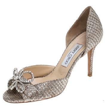 Pre Owned Jimmy Choo Metallic Gold Lamé Glitter Fabric Crystal Bow Embellished Peep Toe Pumps