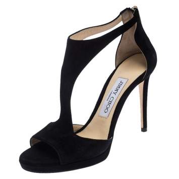 Pre Owned Jimmy Choo Black Suede T Strap Lana Sandals Size 35