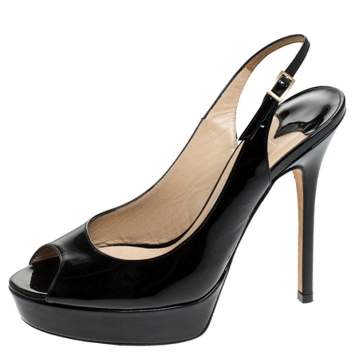 Pre Owned Jimmy Choo Black Patent Leather Peep Toe Ankle Strap Platform Sandals Size 36