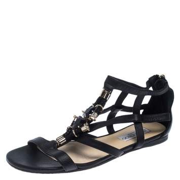 Pre Owned Jimmy Choo Black Crystal Embellished Leather Caged Flat Sandals Size 38