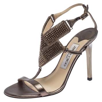 Pre Owned Jimmy Choo Metallic Bronze Leather Crystal Embellished Ankle Strap Sandals Size 36.5