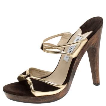 Pre Owned Jimmy Choo Dark Brown/Gold Suede and Leather Wooden Platform Slides Sandals Size 40