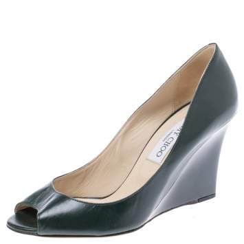 Pre Owned Jimmy Choo Dark Green Leather Baxen Peep Toe Wedge Pumps 38.5