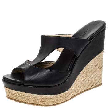Pre Owned Jimmy Choo Black Cut Out Leather Pledge Espadrille Wedge Platform Sandals Size 39.5