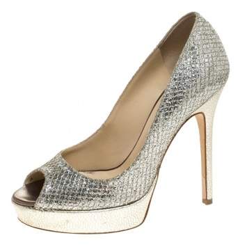 Pre Owned Jimmy Choo Metallic Glitter Fabric Dahlia Peep Toe Platform Pumps Size 37