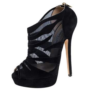 Pre Owned Jimmy Choo Blue Suede And Mesh Kerfield Peep Toe Platform Ankle Booties Size 37