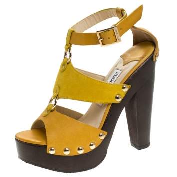 Pre Owned Jimmy Choo Yellow Suede And Leather Cut Out Platform Ankle Strap Sandals Size 37