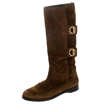 Pre Owned Jimmy Choo Brown Suede Mid Calf Flat Boots Size 38.5