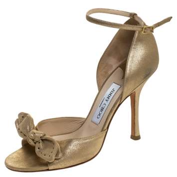 Pre Owned Jimmy Choo Gold Leather Bow Detail Open Toe Ankle Strap Sandals Size 38.5