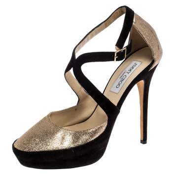 Pre Owned Jimmy Choo Black Suede And Gold Glitter Fabric Round Toe Ankle Strap Platform Pumps Size 40