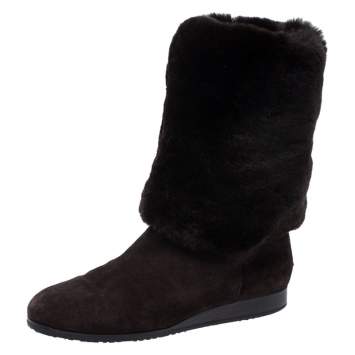 Pre Owned Jimmy Choo Brown Suede And Rabbit Fur Mid Calf Flat Boots Size 42