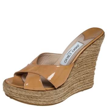 Pre Owned  Jimmy Choo Cream Patent Leather Phyllis Espadrilles Platform Wedges Sandals Size 37