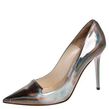 Pre Owned Jimmy Choo Silver Holographic Leather Avril Pointed Toe Pumps Size 35