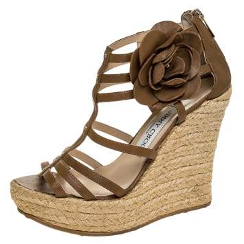 Pre Owned Jimmy Choo Brown Leather Pulse Flower Embellished Cage Espadrille Wedges Size 37