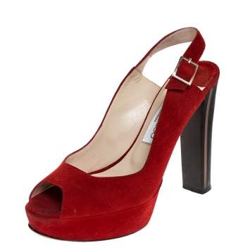 Pre Owned Jimmy Choo Red Suede Leather Lexy Peep Toe Platform Slingback Sandals Size 37.5