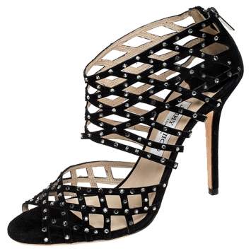 Pre Owned Jimmy Choo Black Suede Crystal Embellished Cut Out Strappy Sandals Size 40.5