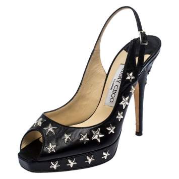 Pre Owned Jimmy Choo Black Star Studded Leather Peep Toe Platform Slingback Sandals Size 38