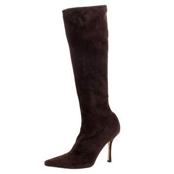 Pre Owned Jimmy Choo Brown Suede Leather Knee Length Pointed Toe Boots Size 38.5