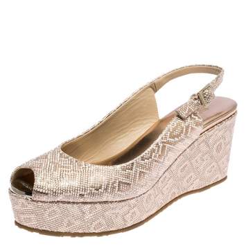 Pre Owned Jimmy Choo Metallic Rose Gold Lizard Effect Leather Praise Sling Back Wedge Sandals Size 38