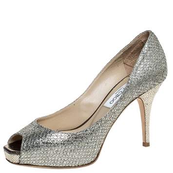 Pre Owned Jimmy Choo Silver Glitter Fabric Luna Peep Toe Platform Pumps Size 36.5