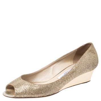 Pre Owned Jimmy Choo Gold Glitter Fabric Bergen Peep Toe Wedges Size 40