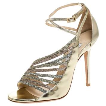 Pre Owned Jimmy Choo Gold Asymmetric Mirror Leather and Glitter Lame Fabric Florry Strappy Sandals Size 37