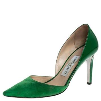 Pre Owned Jimmy Choo Green Suede And Patent Liz Pointed Toe Pumps Size 35.5