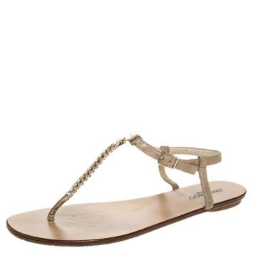 Pre Owned Jimmy Choo Metallic Gold Suede Nox Crystal T Strap Thong Flats Sandals Size 39.5