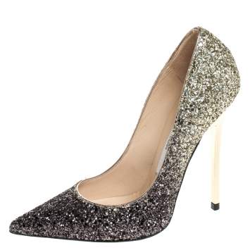 Pre Owned Jimmy Choo Black/White Ombre Coarse Glitter Fabric Romy Pointy Toe Pumps Size 34.5
