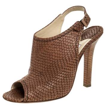 Pre Owned Jimmy Choo Brown Snakeskin Embossed Leather Peep Toe Slingback Sandals Size 40.5