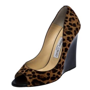 Pre Owned Jimmy Choo Leopard Print Pony Hair Peep Toe Wedges Size 38