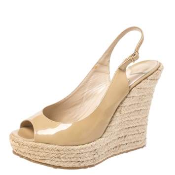 Pre Owned Jimmy Choo Beige Patent Leather Espadrille Wedge Slingback Sandals Size 38
