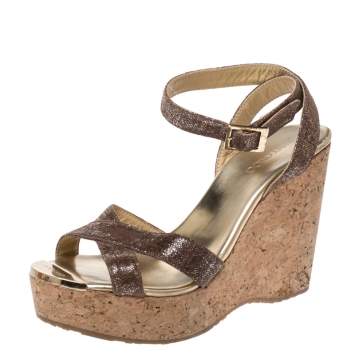 Pre Owned Jimmy Choo Gold/Brown Shimmer Lamé Fabric Papyrus Cork Wedge Ankle Strap Sandals Size 37.5