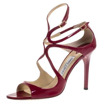 Pre Owned Jimmy Choo Red Patent Leather Lang 100 Ankle Strap Sandals Size 40